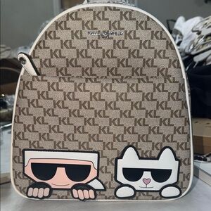 Karl Lagerfeld Tan Backpack with Cat and Character Motif